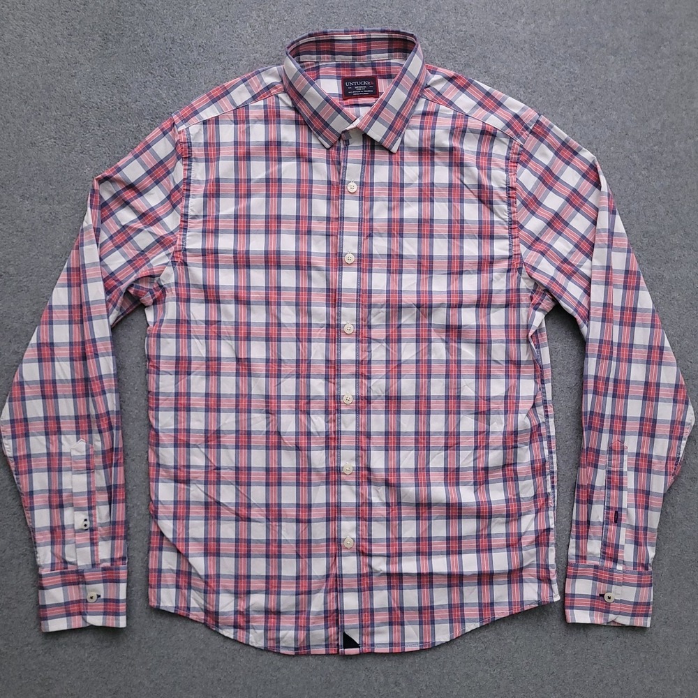 UNTUCKit Button Up Shirt Mens Medium Performance Nylon Stretch White Pink Plaid